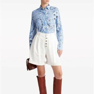 Etro Silk-Blend Bandana Shirt Color Print Floral Light Blue Size 42 (6)